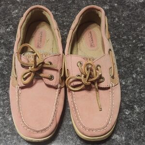 Sperry Kids Pink Suede Moccasins with Tan Trim , Top Slides
